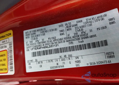 2022 Ford Ranger Xlt z USA, uszkodzony, nr VIN 1FTER4FH6NLD51131